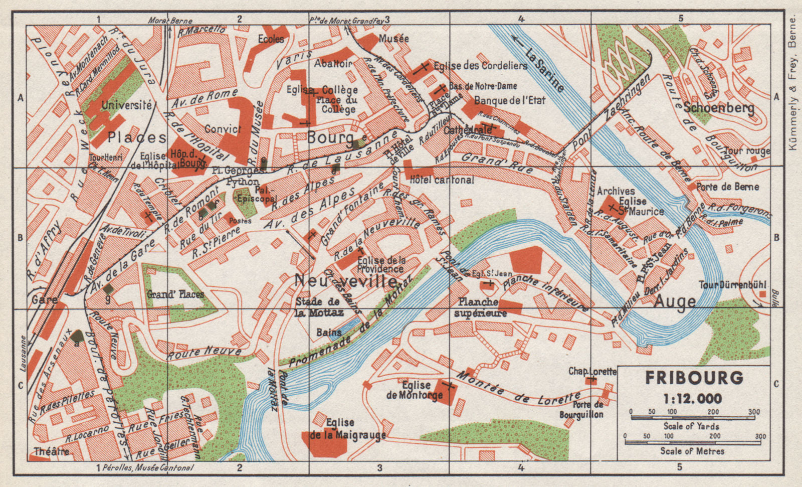 FRIBOURG. Vintage town city map plan. Switzerland 1948 old vintage chart